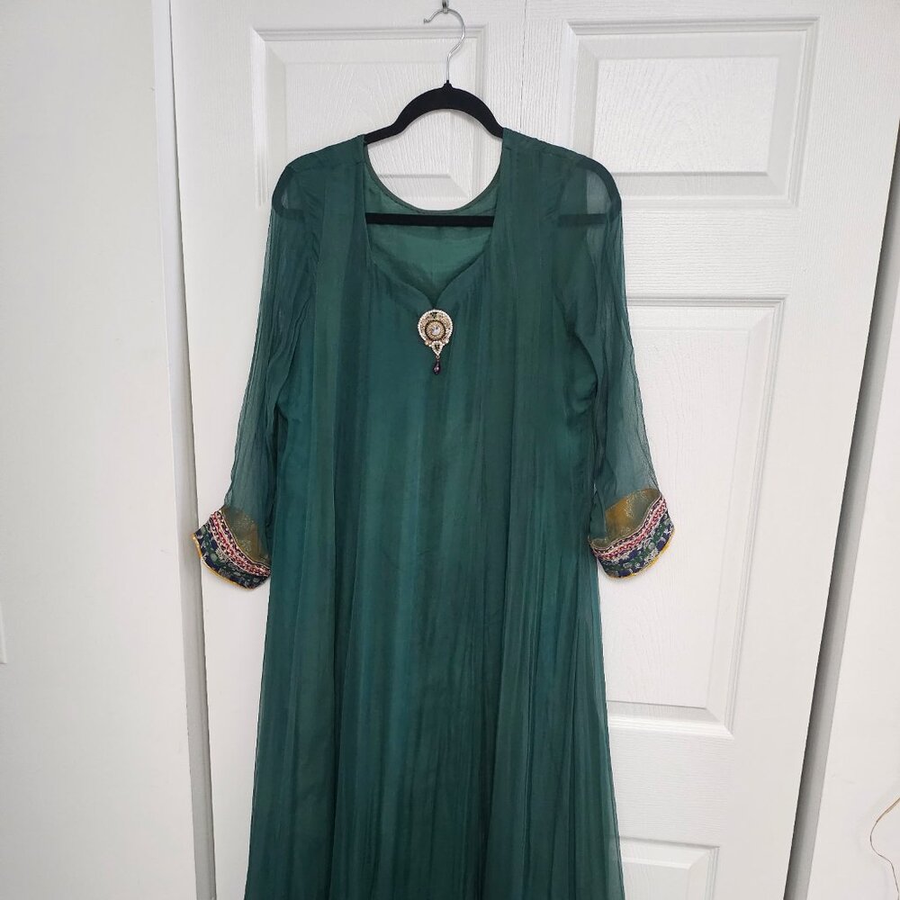 Handmade Dress. Sheer Layer. Beautiful, Colorful Patchwork. Lovely Gem Brooch.